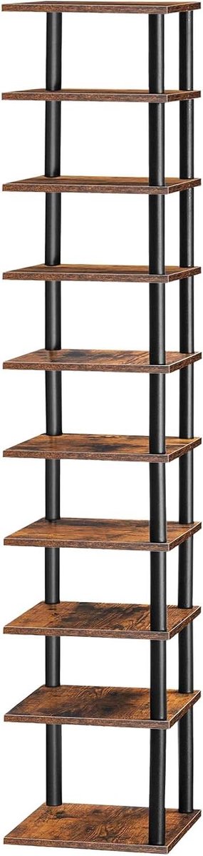 Allecto Plus Verticaal schoenenrek met 10 plankjes voor kleine ruimte - Schoenenopbergorganizer - Kast voor hal gang slaapkamer - Rustiek bruin en zwart - 28 cm x 28 cm x 173 cm Any
