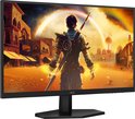 Zwart AOC gaming monitor met een 27-inch scherm waarop een gamefiguur staat met een zwaard.