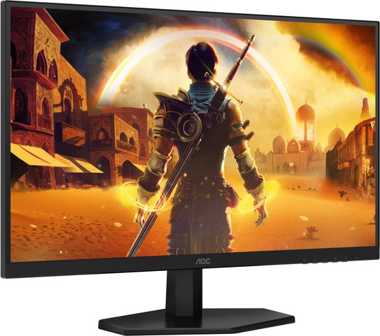 Zwart AOC gaming monitor met een 27-inch scherm waarop een gamefiguur staat met een zwaard.
