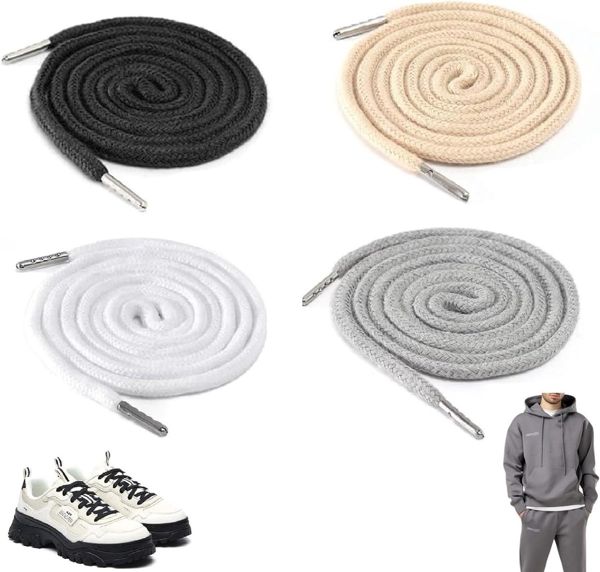 Allecto plus - Koord voor joggingbroek en hoodie | Metalen koorduiteinden | Katoenen reservekoorden | Broekband voor sport- en sweatbroeken, jassen, handtassen | Set van 4