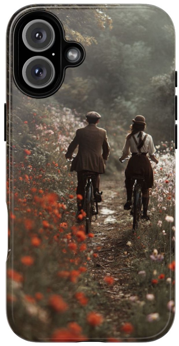 Fietsend Stelletje op Bloemenpad – Telefoonhoesje Geschikt voor iPhone 16 Plus