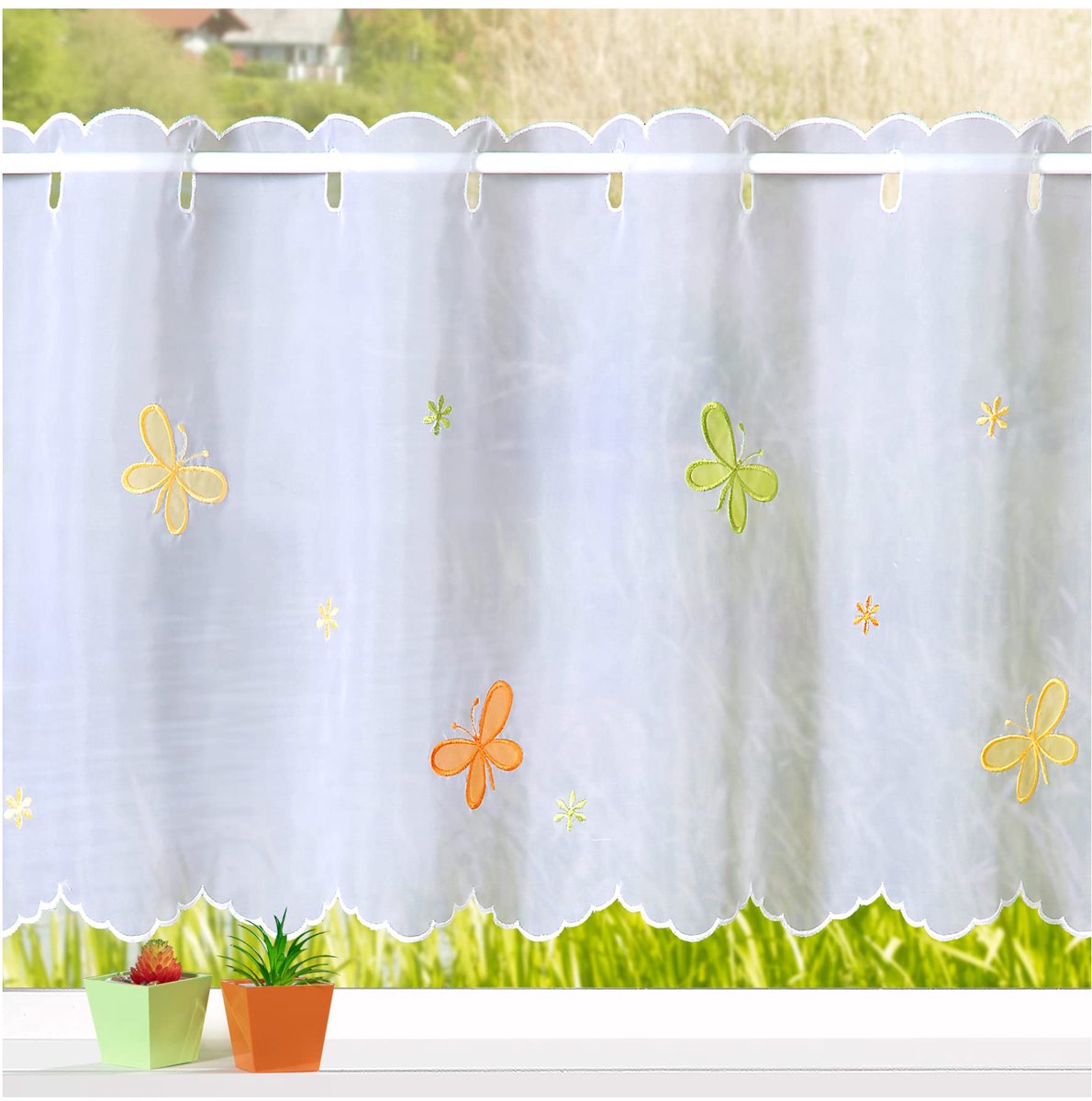 Ibenzoa Decoratief transparant vitrage gordijn met kleurrijke vlinder borduursels Wit