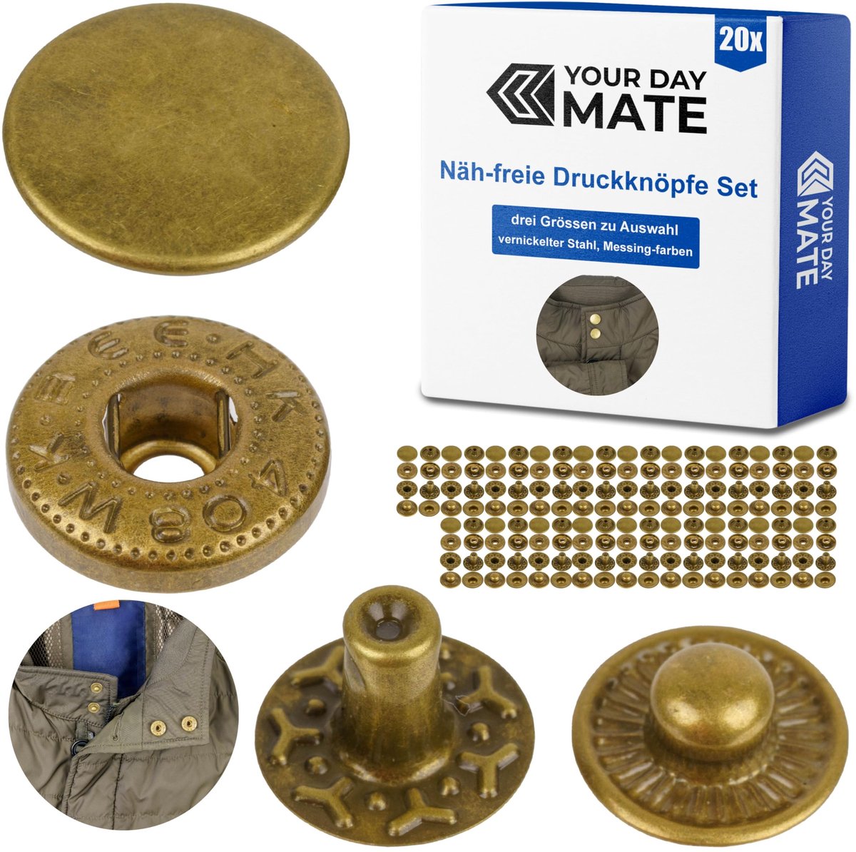 Naaivrije drukknopen, Ø 12,5 mm, 20 paar, in brons, set zonder gereedschap, stoffen clips voor doe-het-zelvers, drukknoop met ringveersluiting, reparatie metalen knopen, vervangende accessoires voor het naaien van knopen, drukknoop met ringveer