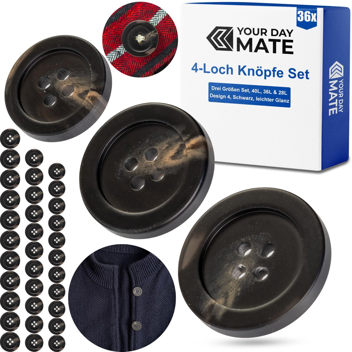 Knopenset voor kleding, 36 stuks, 4-gats, drie maten, zwart, polyester, maat 28L, 36L, 40L, harsknopen voor jas, mantel, anorak, winterjas, winterjas, doe-het-zelfknoop, wasknopen, knutselknopen