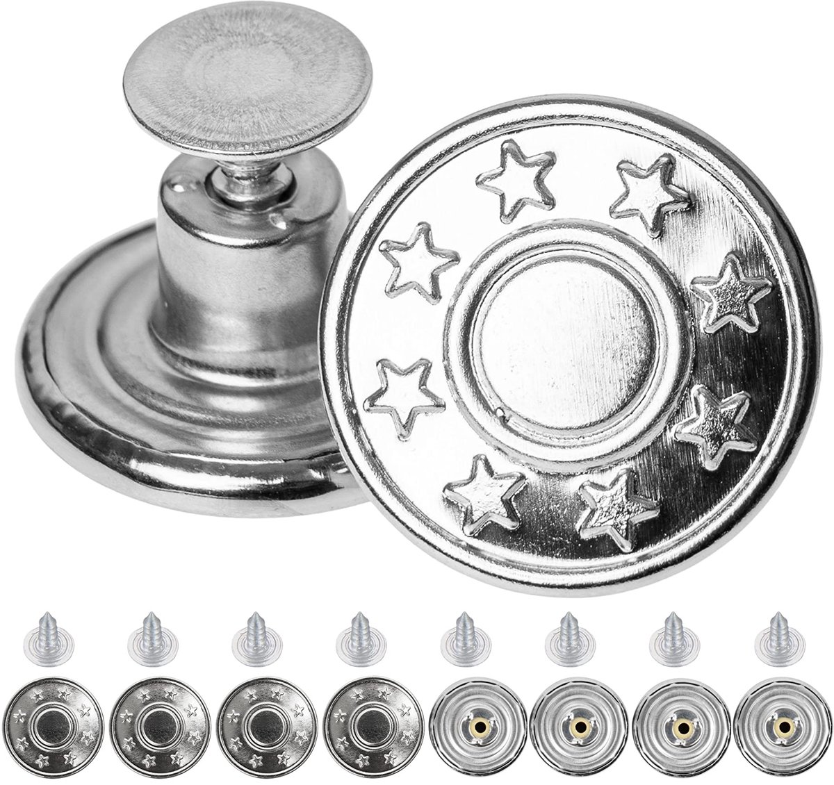 Vervangende broekknopen om te klinken, 8 stuks, Ø 17 mm messing jeansknopen, zilverkleurig, jeansknoop met klinknagels, jeansknoop om in te slaan, metalen broekknoop, broeken breder maken, broekknopen robuust