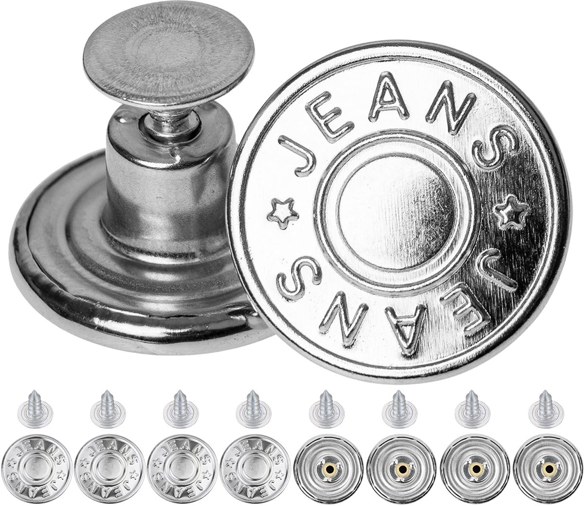 Vervangende broekknopen om te klinken, 8 stuks, Ø 17 mm messing jeansknopen, zilverkleurig, jeansknoop met klinknagels, jeansknoop om in te slaan, metalen broekknoop, broeken breder maken, broekknopen robuust
