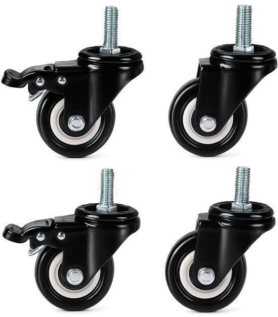 Set van 4 wielen voor meubels met pen en rem, diameter 50 mm, hoogte 65 mm, draagkracht 120 kg, zwenkwielen met schroefdraad M8