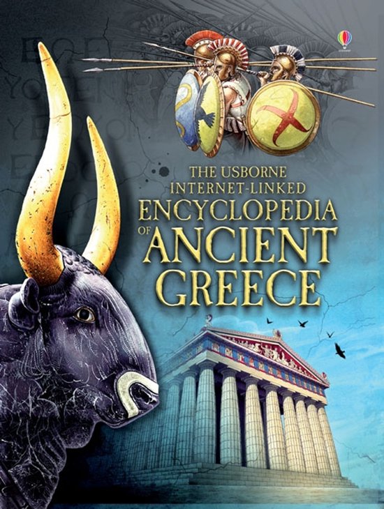 Boekomslag van 'The Usborne Internet-Linked Encyclopedia of Ancient Greece' met een stier, Griekse krijgers en een Parthenon.