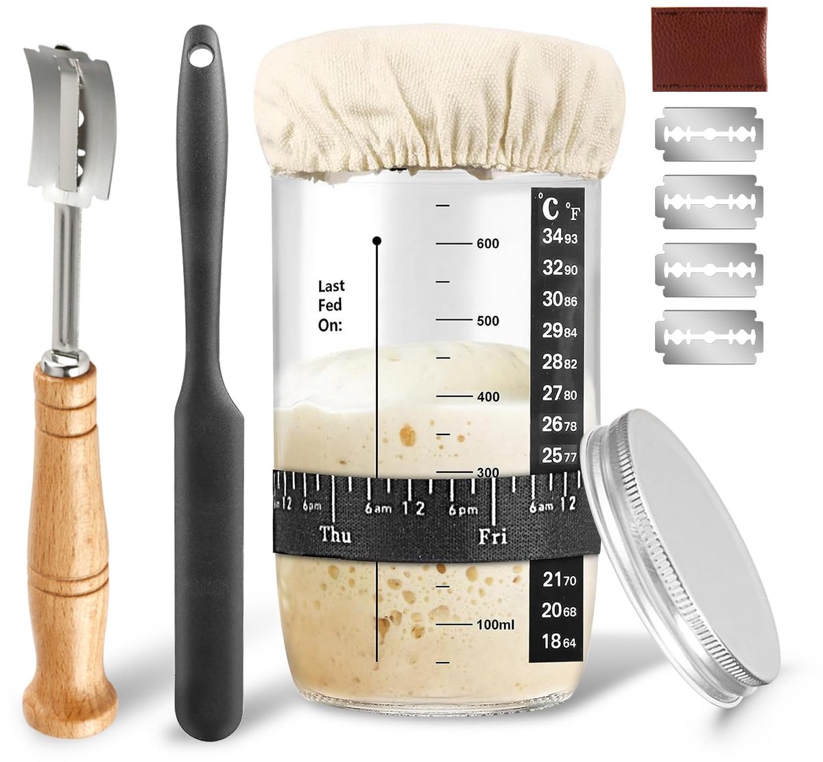 Zuurdesemstarterset, 24oz zuurdesemstarterpot met thermometer, datummarkeringstape, stoffen hoes en metalen deksel, spatel, zuurdesemstarterkit, zuurdesemstarterpotset voor bakbenodigdheden