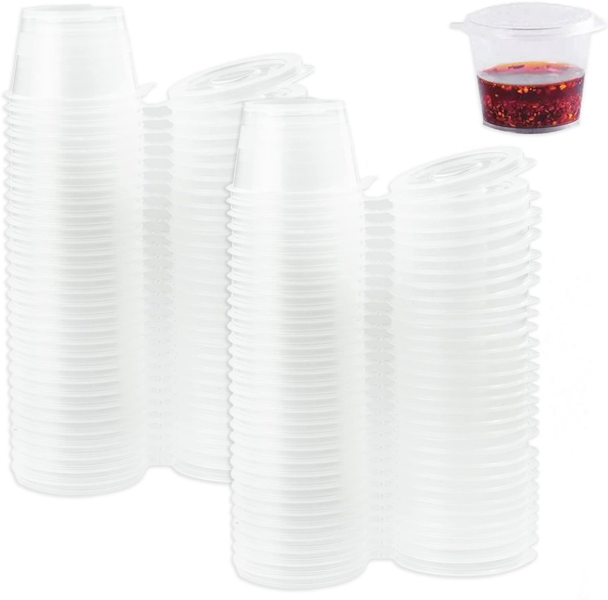 LAMXD 100-pack lekvrije 1oz voedselcontainers met deksel, magnetronbestendig, kleine bakjes voor sauzen, dips, kruiden, diamanttekening