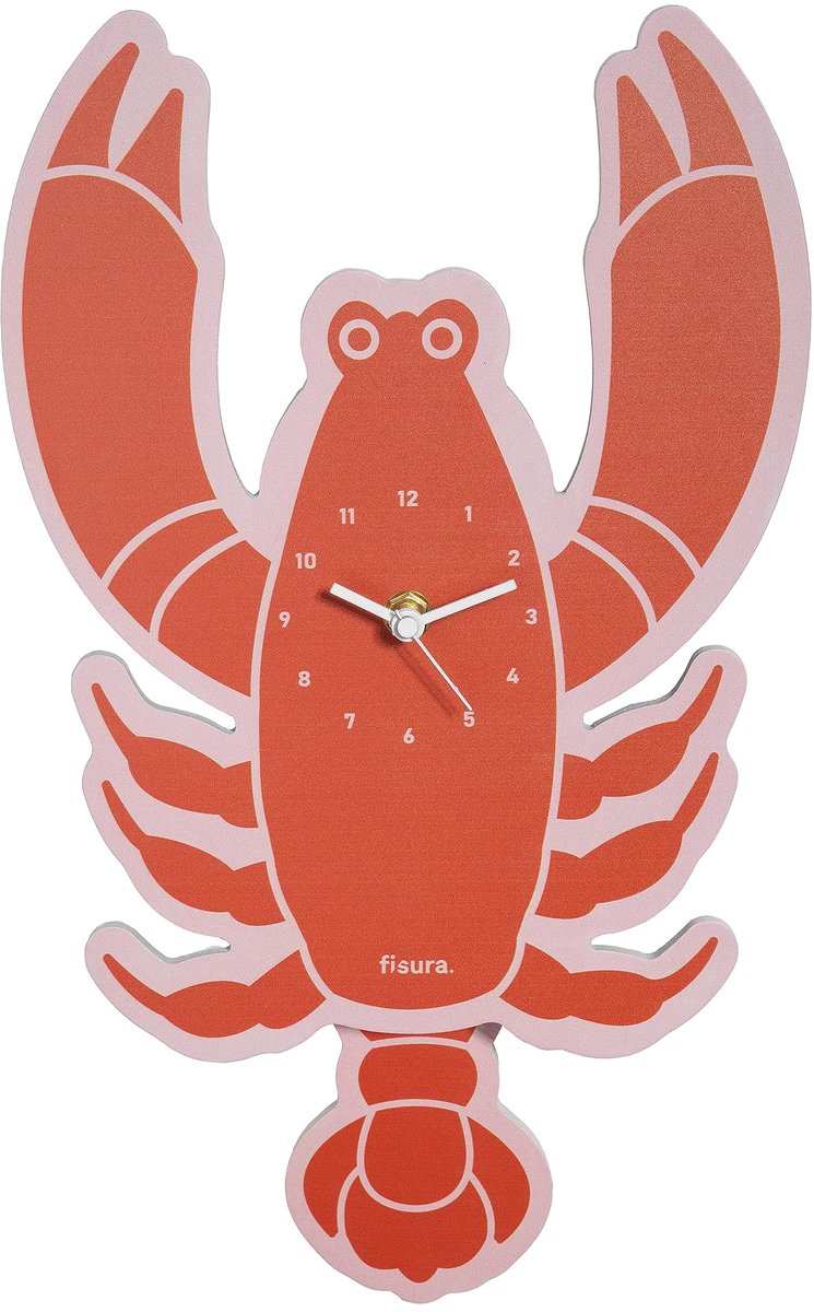 Fissure - Originele Lobster Wandklok. Stille wandklok. Afmetingen: 38 cm x 20 cm. Rode keukenklok. Klok met houten slinger en ABS. Werkt op 2 AA-batterijen.