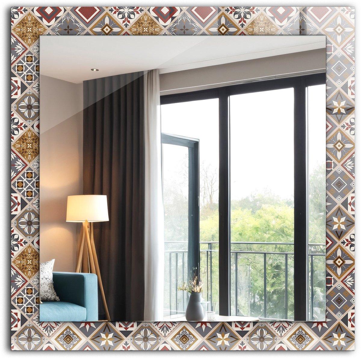 Tulup Spiegel - Spiegel op gehard Glas - Vierkante Spiegel - Kleurige tegelpatronen - 60 x 60 cm - Spiegel met patroon - Woonkamer gang - Badkamerspiegel - Muurspiegel slaapkamer - Make-up Spiegel - Premium Spiegel - Montageset