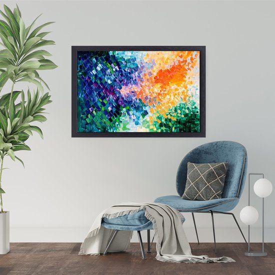 Dynamische abstractie in levendige kleuren - Kleuren canvas schilderij - Kunstwerk vormen - Abstracte kunst - Canvas met baklijst keuken - Slaapkamer accessoires - canvas met baklijst 90x60 cm