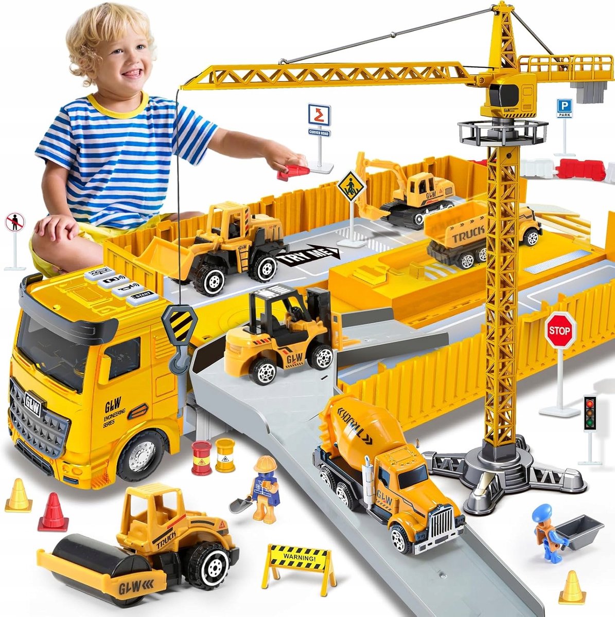 Construction Truck Speelset - Bouwspeelgoed kraan - Grote bouwtransportwagen - Wordt geleverd met 4 verschillende geluidseffecten - Beste cadeau voor educatief speelgoed - Perfect voor kleine kinderen