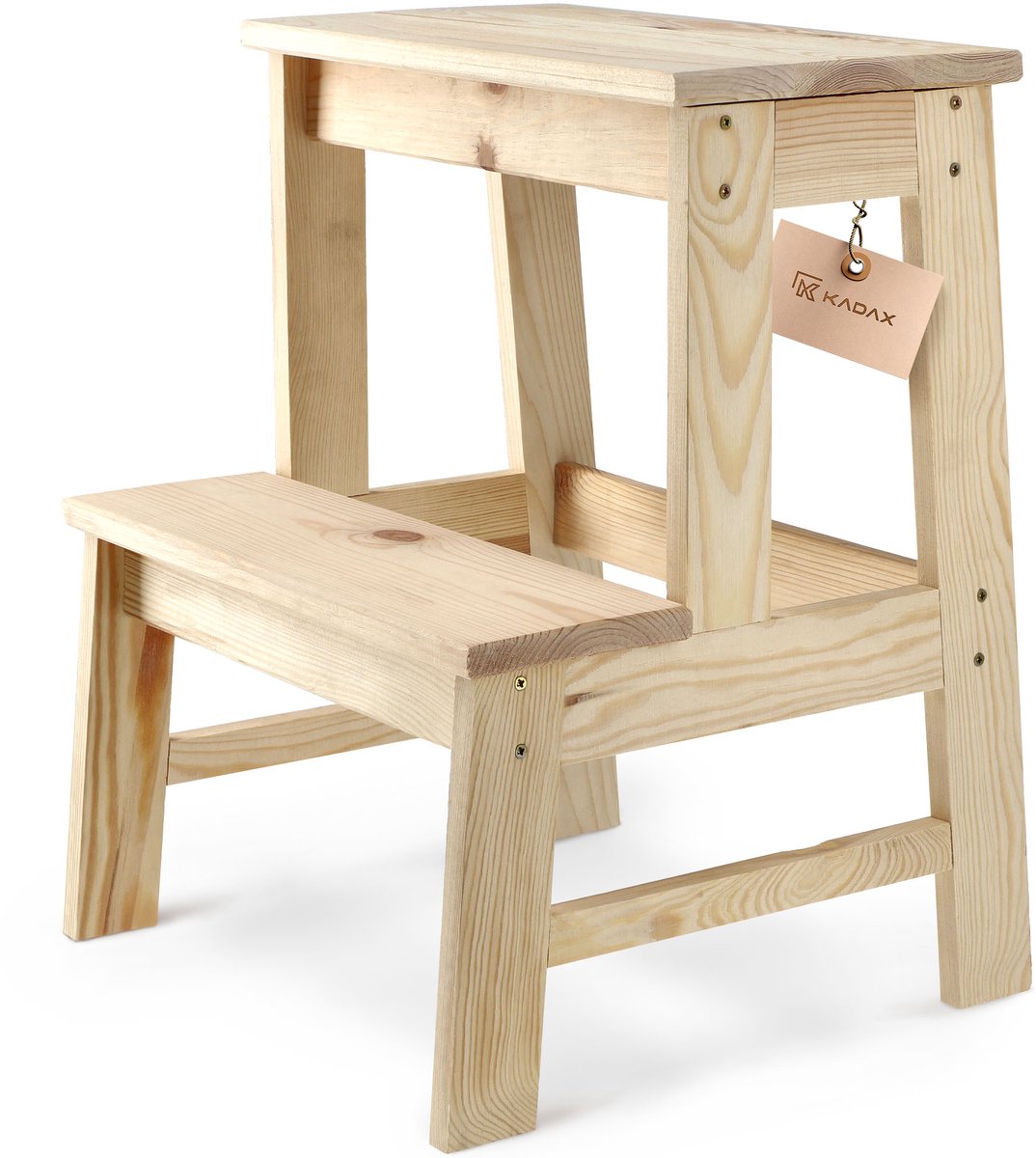 KADAX Houten kruk, voetenbank van natuurlijk ongelakt grenenhout, voetensteun in 3 verschillende modellen, barstoel, opstapkruk, kruk, kruk, houten kruk (ladder 2 treden)