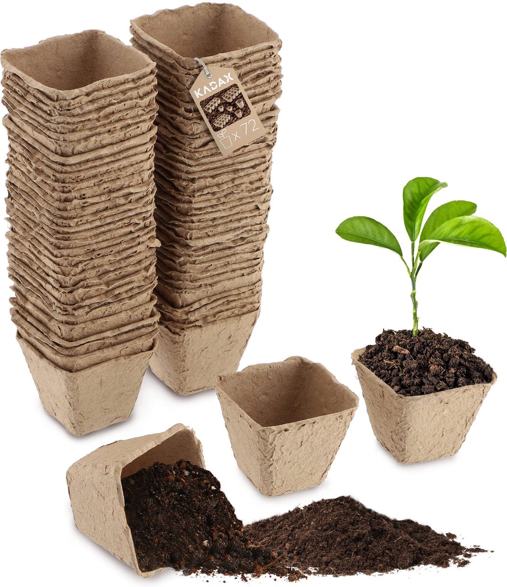 KADAX turfpotten, 6,3 cm, kweekpotten, afbreekbare kweekpotten, zaailingen kweekplaten, biologische pot, kweekpot, papieren potten, groeipotten, vezelpotten (72, vierkant)