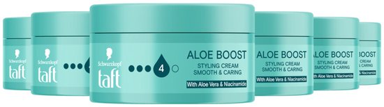 Groep van vijf potten Taft Aloe Boost Styling Cream in turkoois op een witte achtergrond.