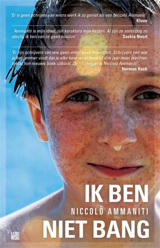 Couverture de livre 'Ik ben niet bang' avec gros plan sur un garçon.