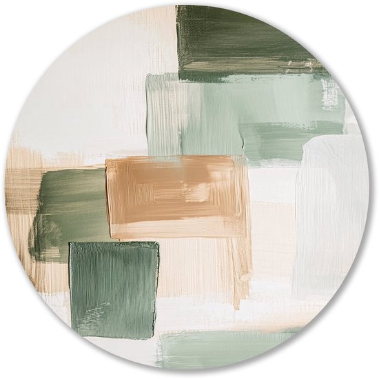 Ronde wanddecoratie met abstracte, geometrische penseelstreken in tinten groen, beige en wit.