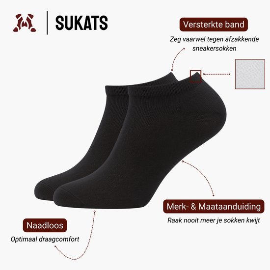 Paar zwarte Sukats enkelsokken met naden en versterkte band.