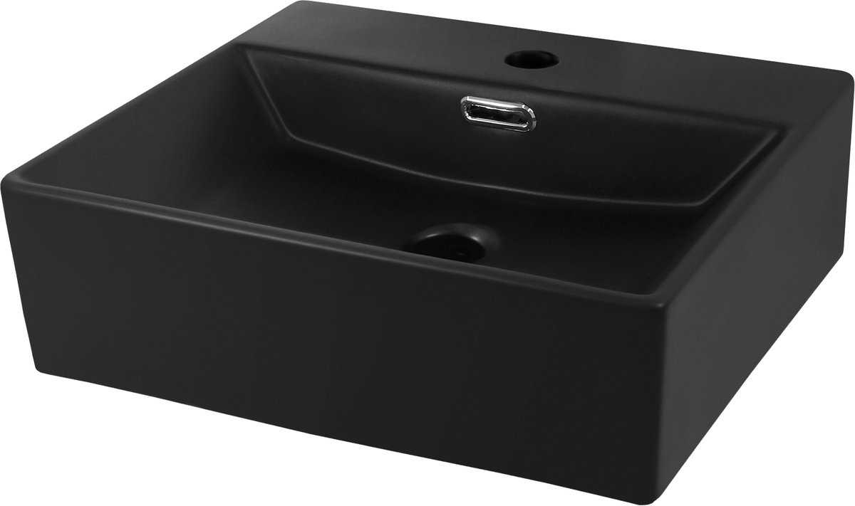 Vierkante wastafel met overloop 41,5x36x13 cm zwart keramiek LuxeBath