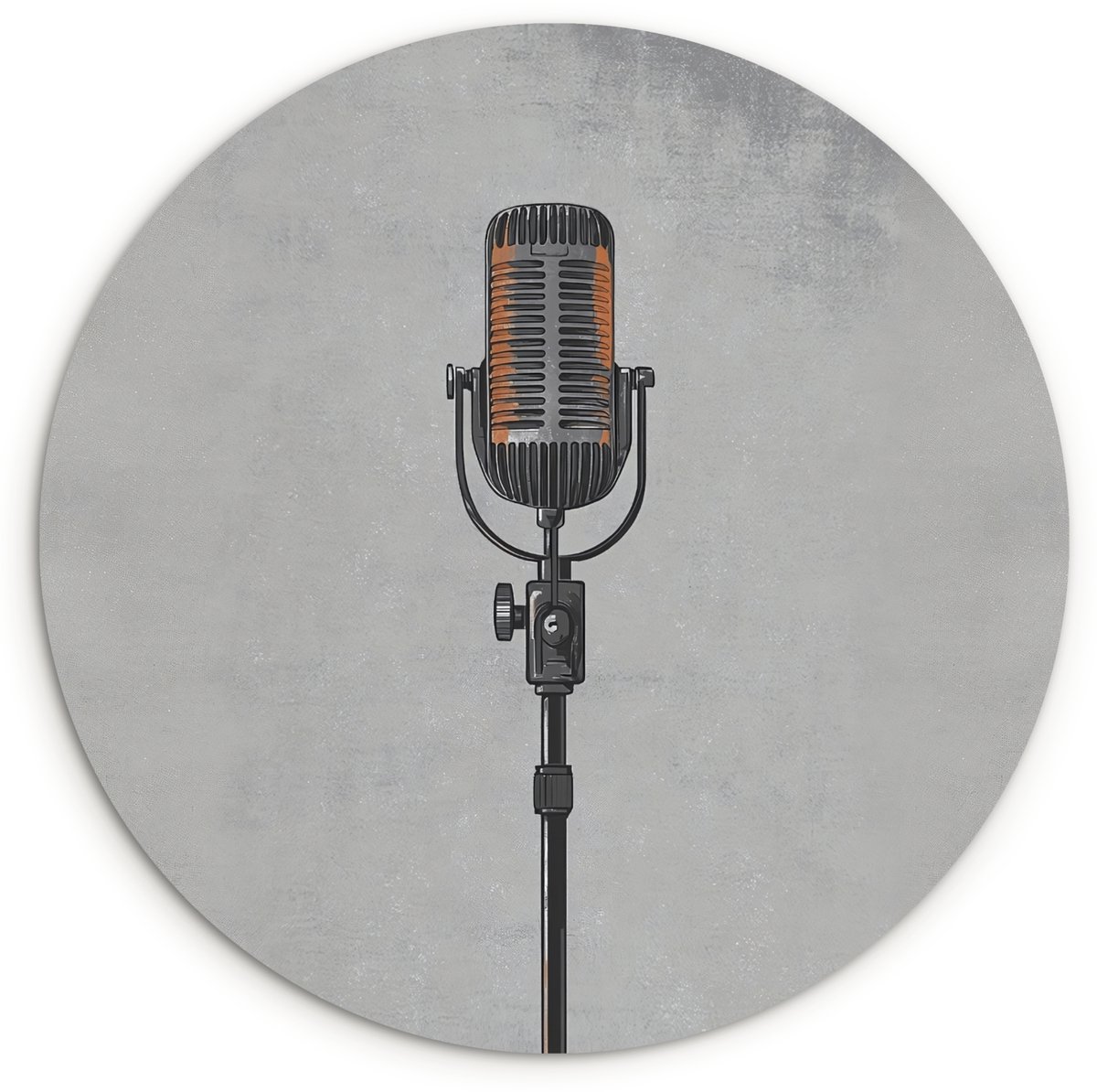 WallCircle Wandcirkel 90x90 cm - Muurcirkel Microfoon - Vintage - Illustratie - Grijs - Muurdecoratie woonkamer - Wanddecoratie slaapkamer - Kamer decoratie accessoires - Ronde schilderijen