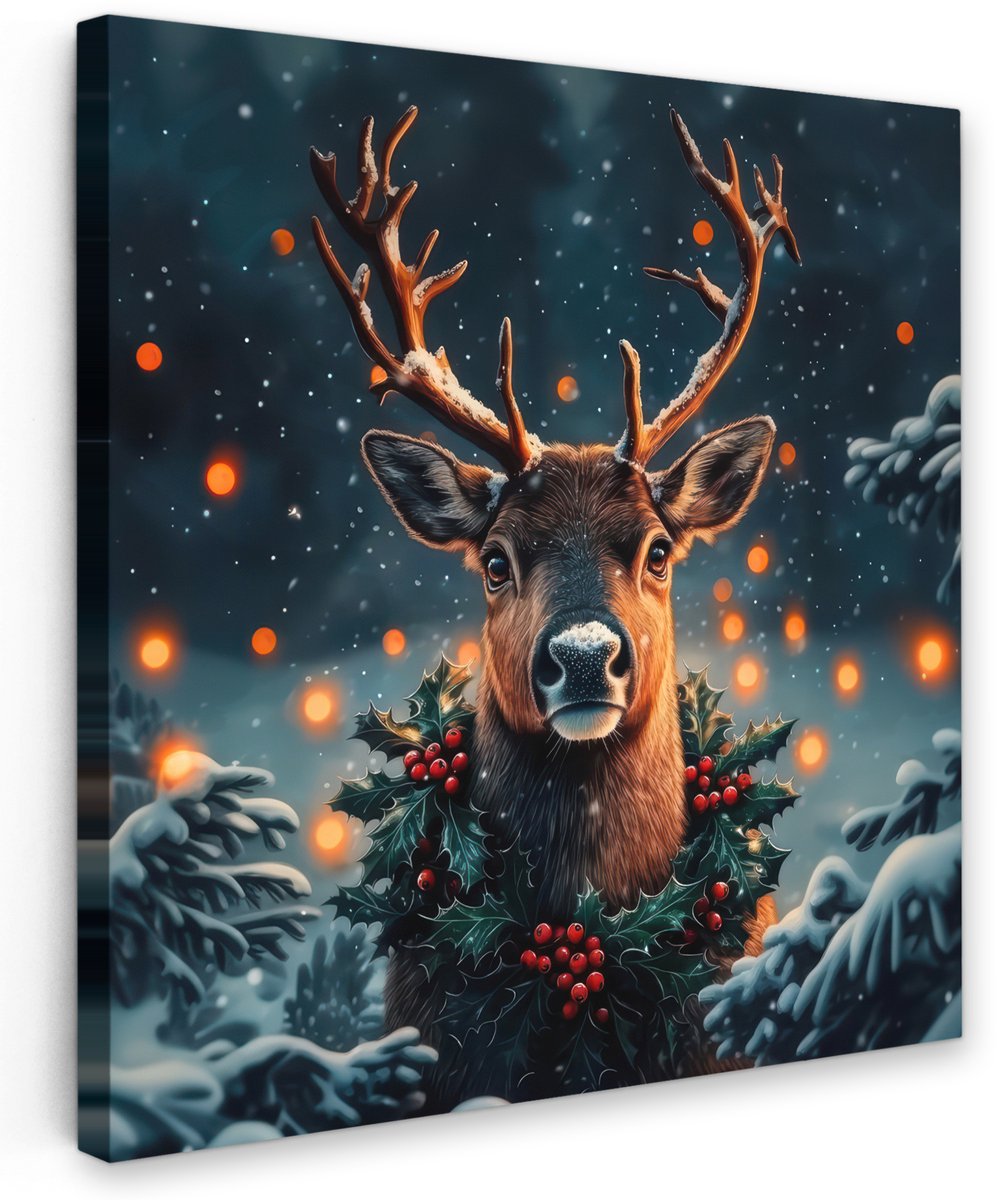 Tuindecoratie Hert in winterse sfeer op 90x90 cm canvas voor buiten - Kerstkrans en sneeuwaccenten - Buitenschilderij decoratie met kerstthema.
