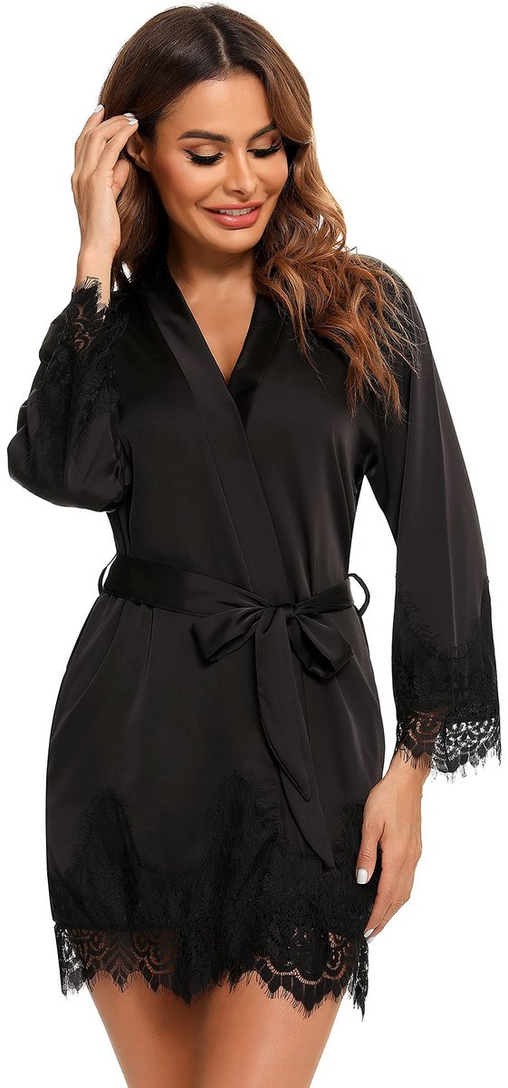 Dames Kimono Badjas - Van Satijn Zijde-look met Kant - Voor Bruidsmeisjes - Zwart S