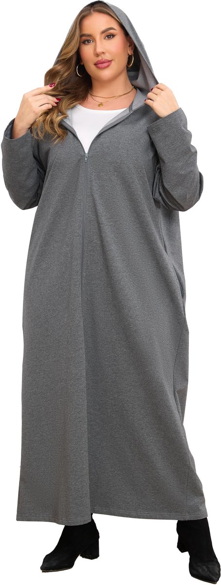 Dames Badjas - Lichtgewicht Katoen met Capuchon en Ritssluiting - Lang - Donkergrijs - Maat 4XL - Grote Maten