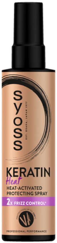 Syoss Keratin Heat-Activated Protecting Spray met 2x Frizz Control. Gouden fles met zwarte dop.