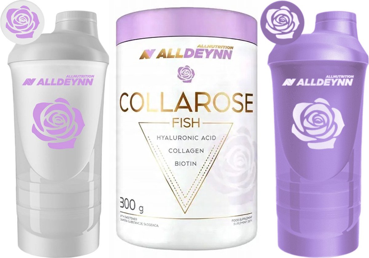 ALLDEYNN BEAUTY Bundel – COLLAROSE VIS Mango Passion Fruit 300g + 2x Shaker (Transparant & Violet) – Marine Collagen met VERISOL® – Nutriworld