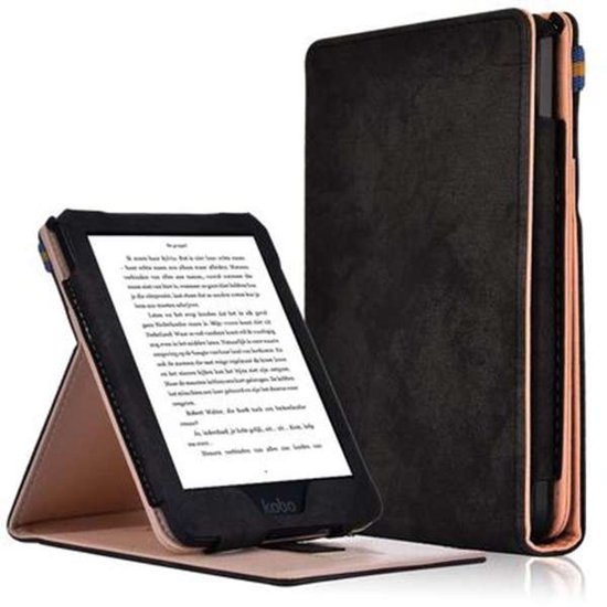Zwarte e-readerhoes naast een Kobo Clara HD e-reader op de stand.