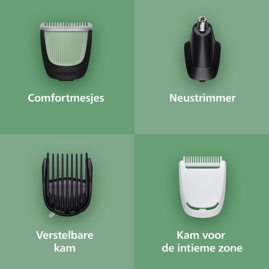 Vierdelige weergave van Philips trimmer accessoires: comfortmesje, neustrimmer, verstelbare kam en intieme zone kam.