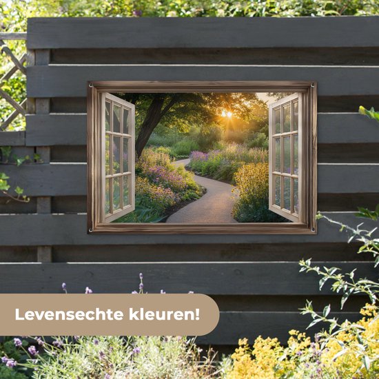 Affiche de jardin 120x80 cm - Décoration de jardin Vue - Fleurs - Nature - Soleil - Chemin - Affiche pour le jardin - Décoration extérieure - Tableau de jardin clôture - Décoration murale sur toile de jardin - Décoration murale sur toile de balcon