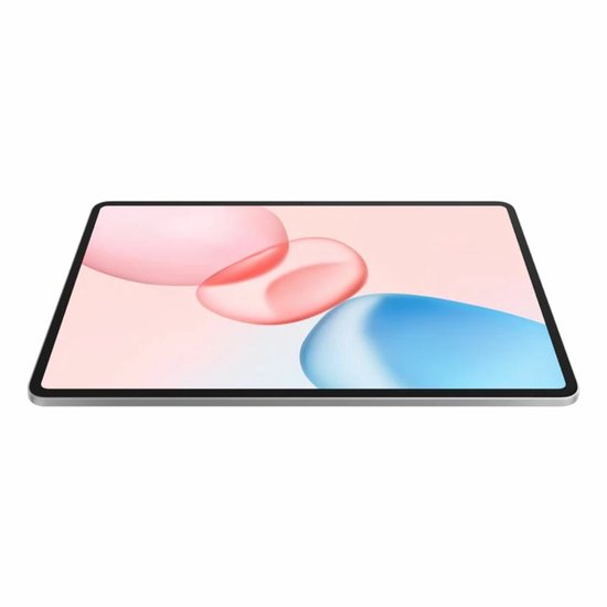 Grijze Honor tablet met een scherm dat roze en blauwe abstracte vormen toont, vanuit een hoek gezien.