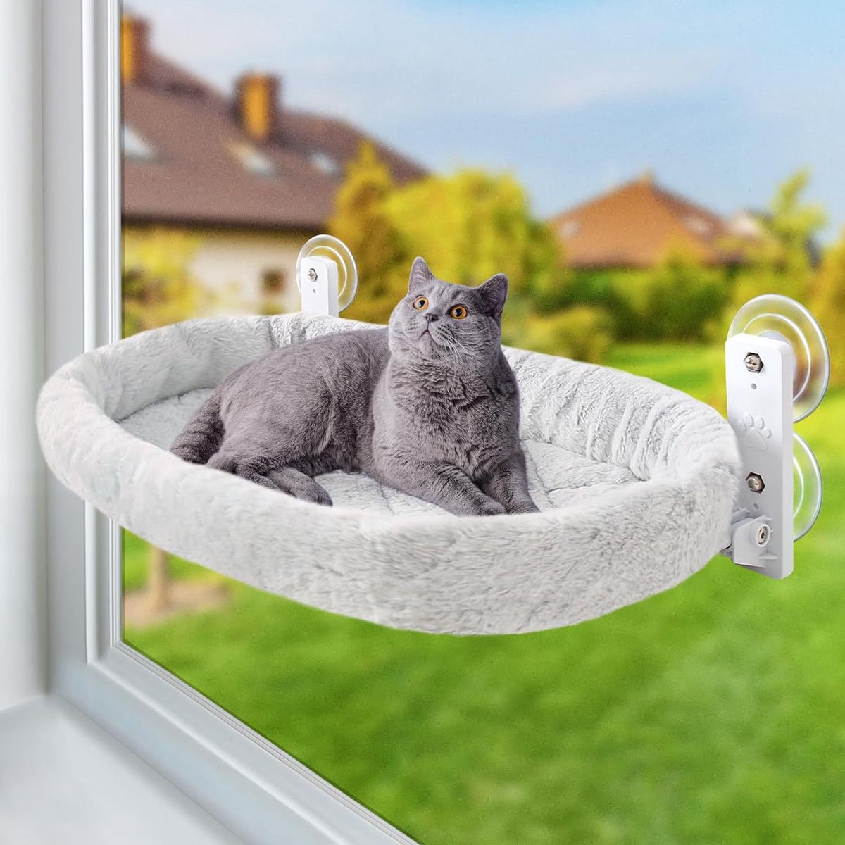 ANMI® Katten Raam Hangmat – Opvouwbaar Kattenzitje zonder Kabels – Sterke Zuignappen (40lbs/18kg) – Zachte Pluche & Mesh Bekleding – Katten Vensterbank Bed / Perch 53x30 cm – Grijs