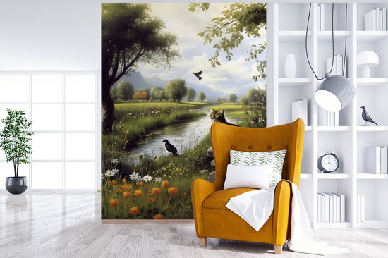 Behang - Fotobehang Kat - Beekje - Weide - Breedte 190 cm x hoogte 260 cm