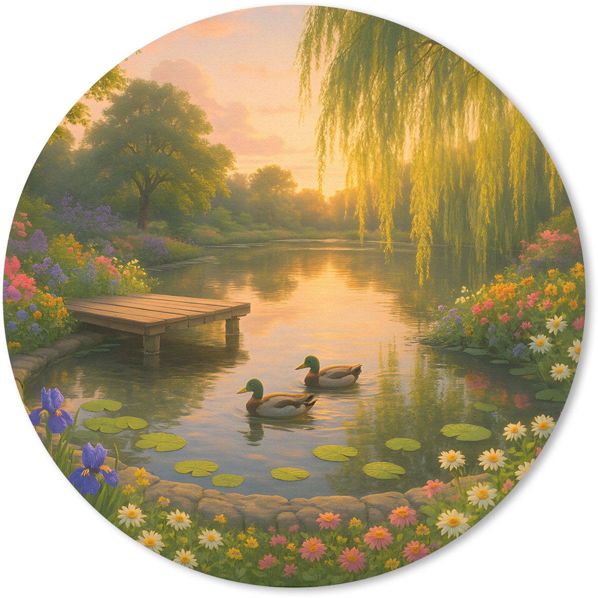 Muismat rond 20x20 cm - Mousepad Eenden - Vijver - Bloemen - Ronde muismatten