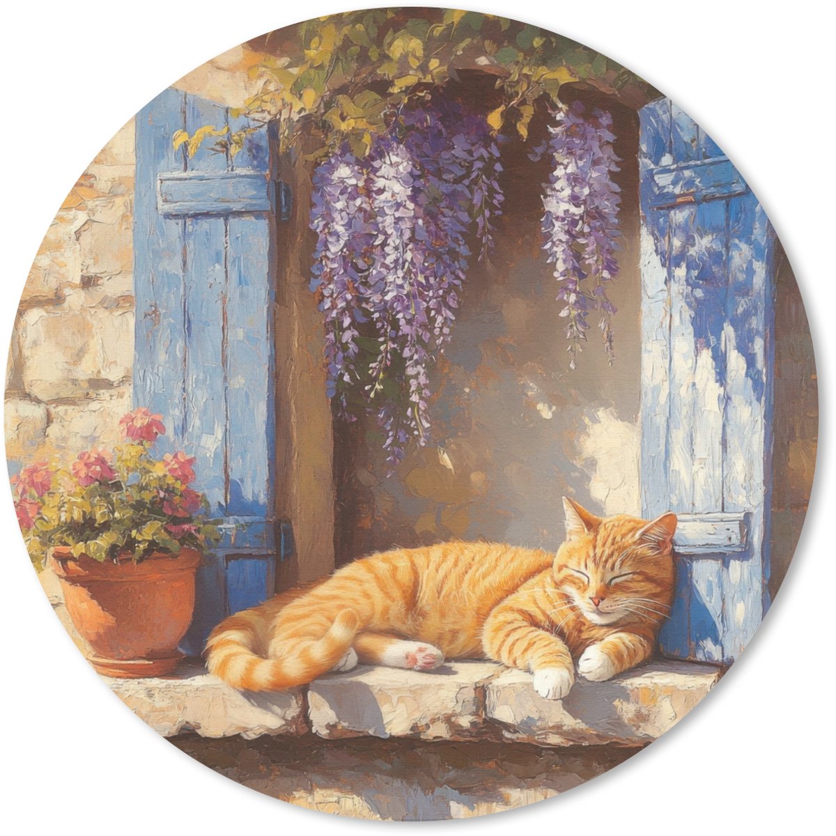 Muismat rond 20x20 cm - Mousepad Kat - Stenen vensterbank - Bloemen - Ronde muismatten