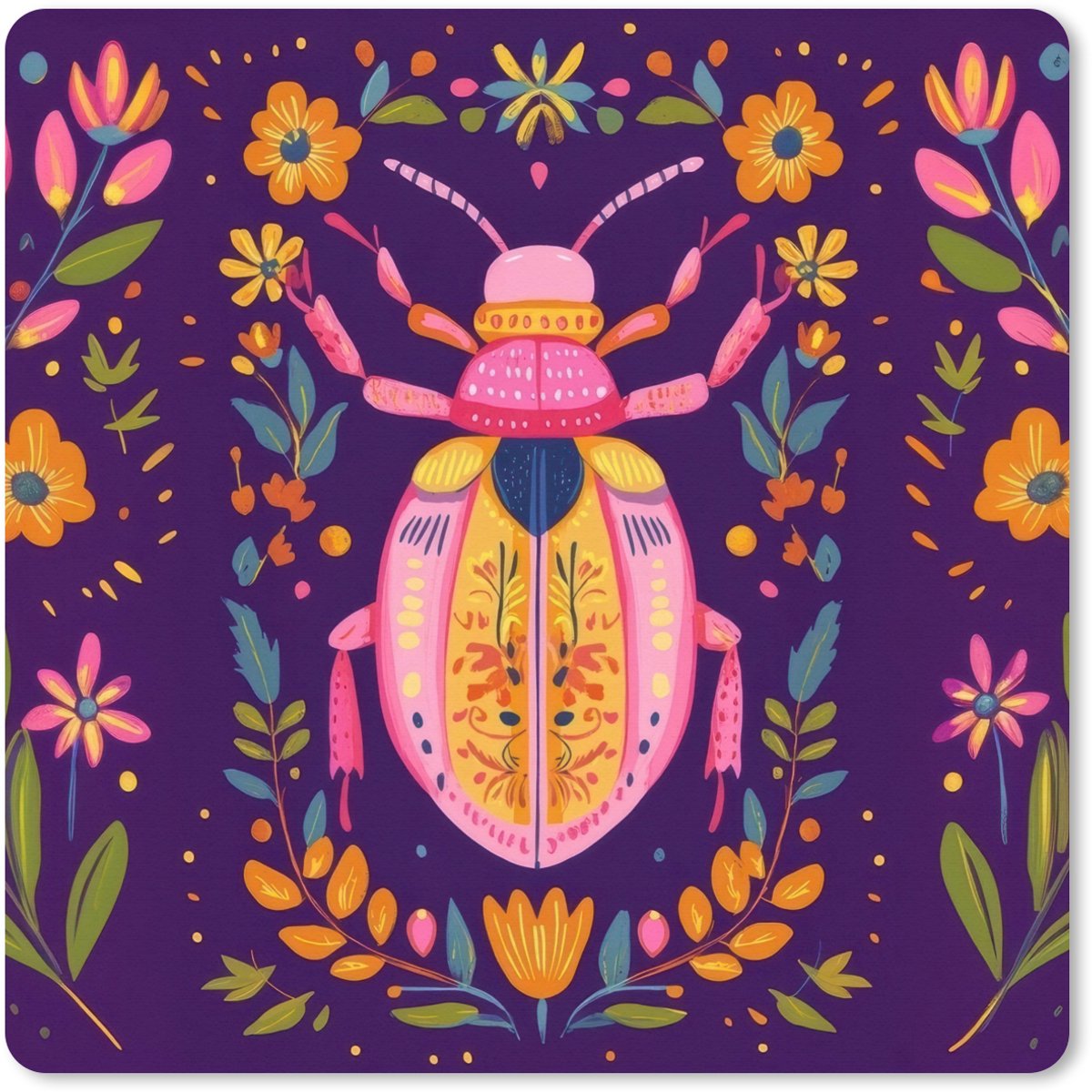 Muismat XXL 40x40 cm - Bureau onderlegger - Bureau mat Kever - Felgekleurd - Bloemen - Bladeren - Bureaumat - Gaming mousepad xl - Bureaulegger groot - Computer deskmat
