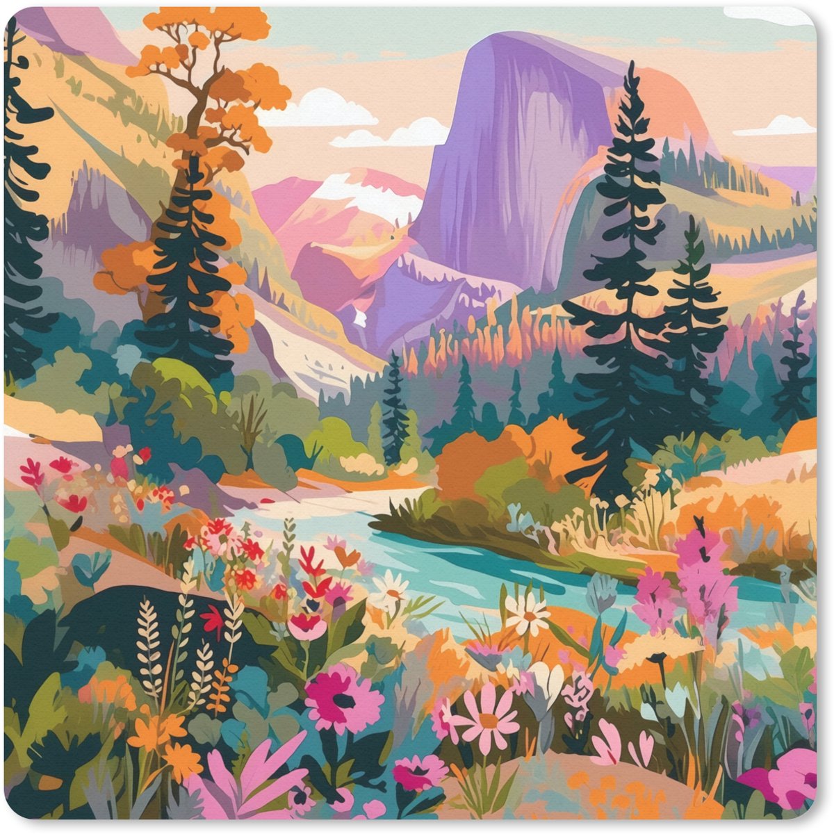 Muismat 20x20 cm - Mousepad Rivier - Vallei vol bloemen - Levendig - Muismatten