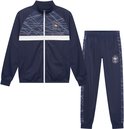 Donkerblauw trainingspak met een wit met geometrisch patroon op de borst en zijkanten, en een FFF-logo.