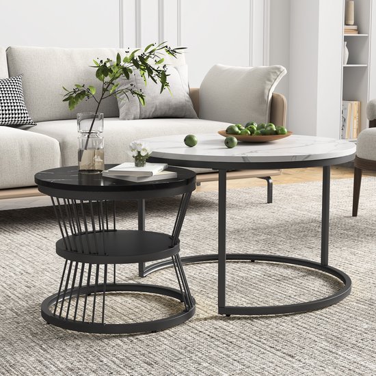Salontafelset (2-delig) - Salontafel met marmerlook - Goudkleurig metalen frame - Rond - Moderne stijl - 70x70x45 cm - Zwart + Wit