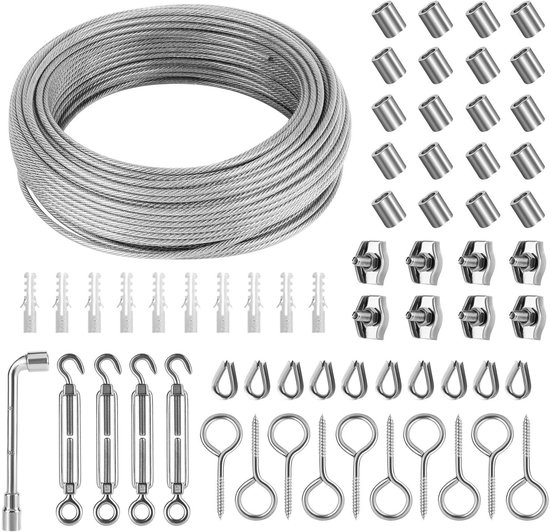 Staalkabel RVS Set met Draadklemmen, Draadspanner & Kousen