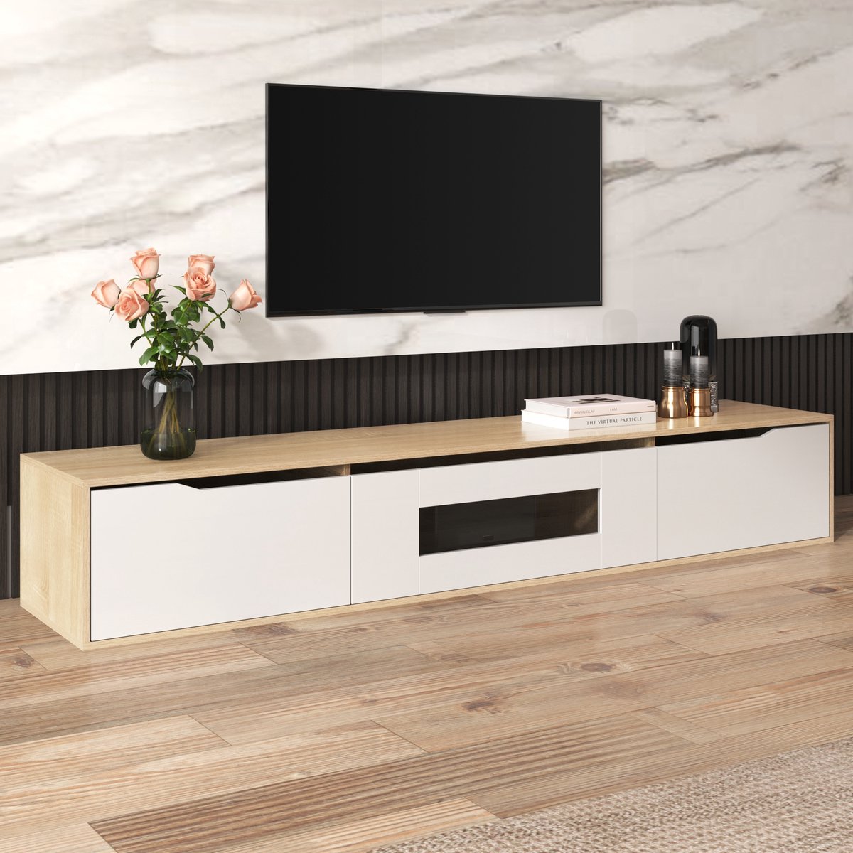 HAUSS SPOLE TV-kasten 180x30x35 cm - TV meubel Met Hoogglans Afwerking - Kleurveranderende LED-verlichting - Rechthoekig - Televisieaccessoires - Spaanplaat - Natuurlijk Wit + Naturel