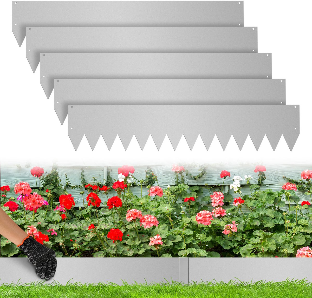 Borderrand met tips Metalen verzinkt - Graskanten Palissade Tuinafboording - Wortelbegrenzer flexibele Perkranden met handschoenen - Zilver 100 x 20cm 35m