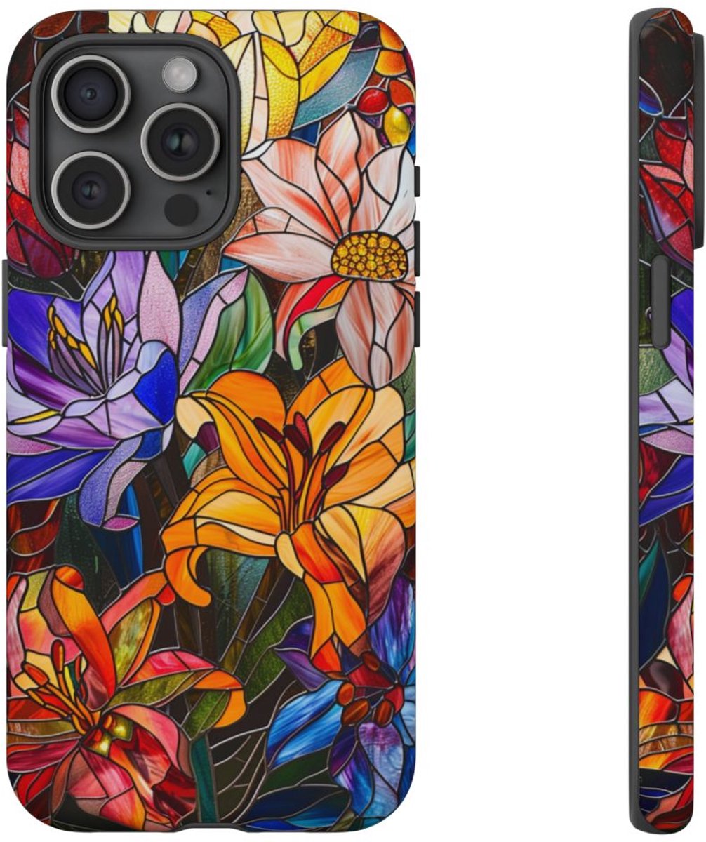 Levendig Gebloemd Glas-in-Lood Ontwerp – Telefoonhoesje Geschikt voor iPhone 15 Pro Max