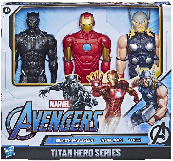Marvel Avengers Titan Hero Series verpakking met Black Panther, Iron Man en Thor.