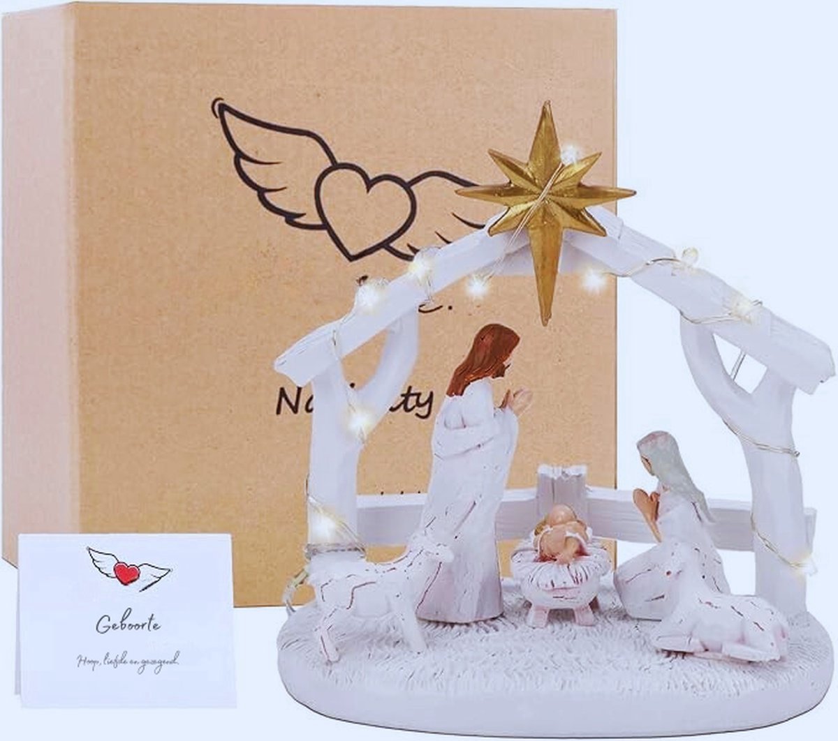 Thuys – Complete Kerststal Set – Met Kribbe En LED Lichten – Voor Binnen – Hars Kerstdecoratie – Met Figuurtjes