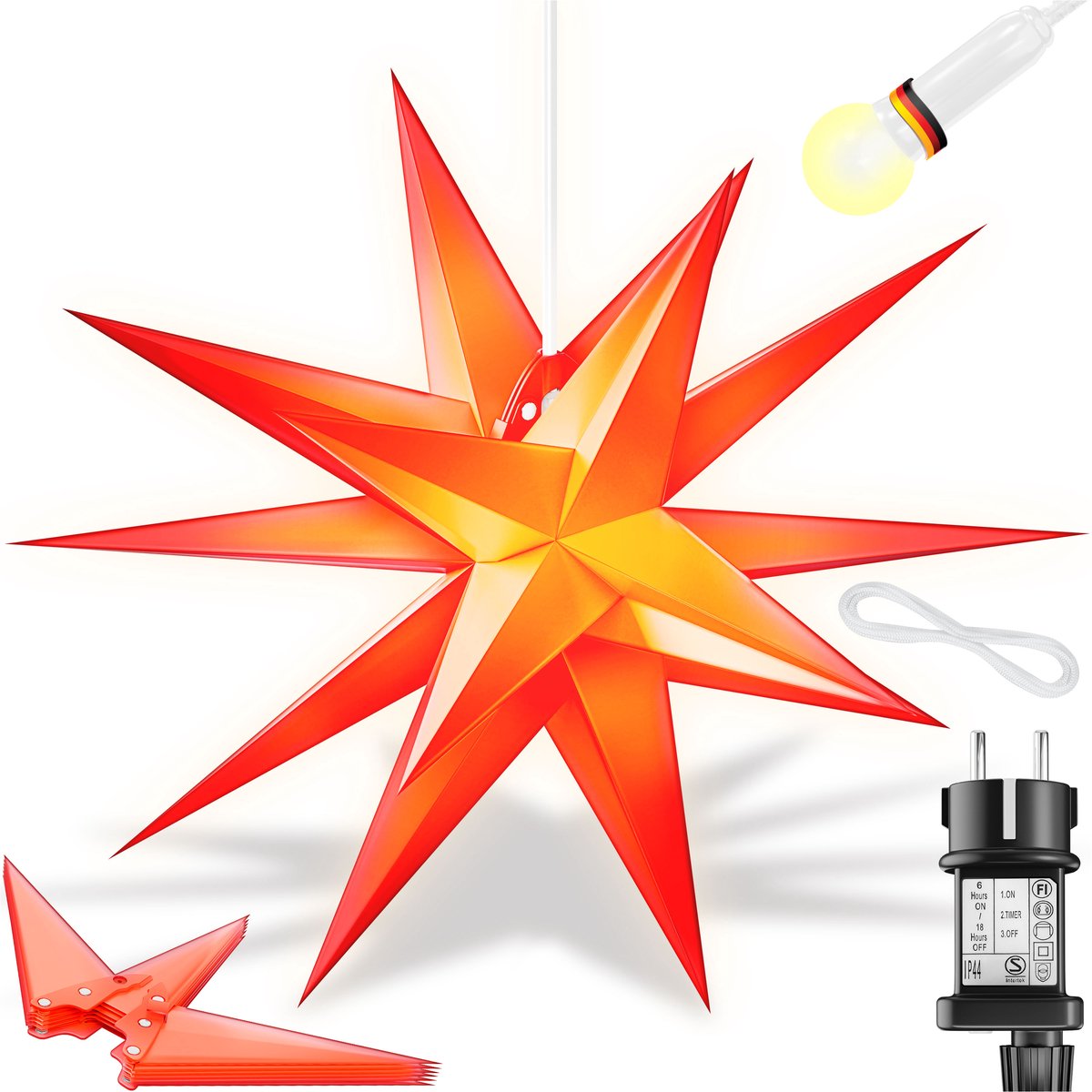 KESSER® LED Kerst Ster 3D, LED Verlichting met Timer, Kerstster Lampjes voor Binnen en Buiten, Kerstverlichting Advent Ster Verlichte Hangend, Warm Wit Licht - Rood / 60 cm, met Timer